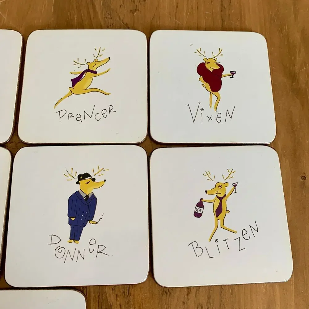 Pottery Barn Santa’s Reindeer Coasters Cork Backed Christmas Holiday Set of 9